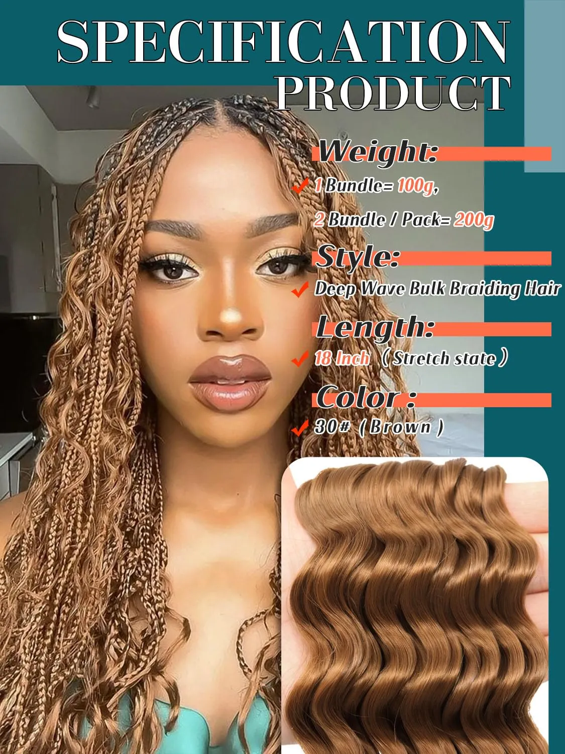 Bohemian Braiding Hair Brown Deep Wave Bulk Hair for Braiding No Weft Hair Curls for Boho Braids Wet and Wavy Curly Bundles for Braiding Hair Extensions 2 Bundle 200g 18 Inch Water Wave, Brown 30