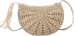 Boho Crossbody Shoulder Bag for Women - Straw Bohemian Style Beach Purse with Tassel - Small Natural Beige Woven Ladies Handbag for Travel and Vacation