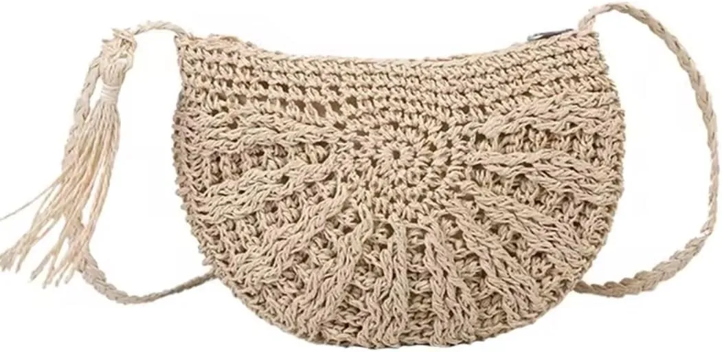 Boho Crossbody Shoulder Bag for Women - Straw Bohemian Style Beach Purse with Tassel - Small Natural Beige Woven Ladies Handbag for Travel and Vacation