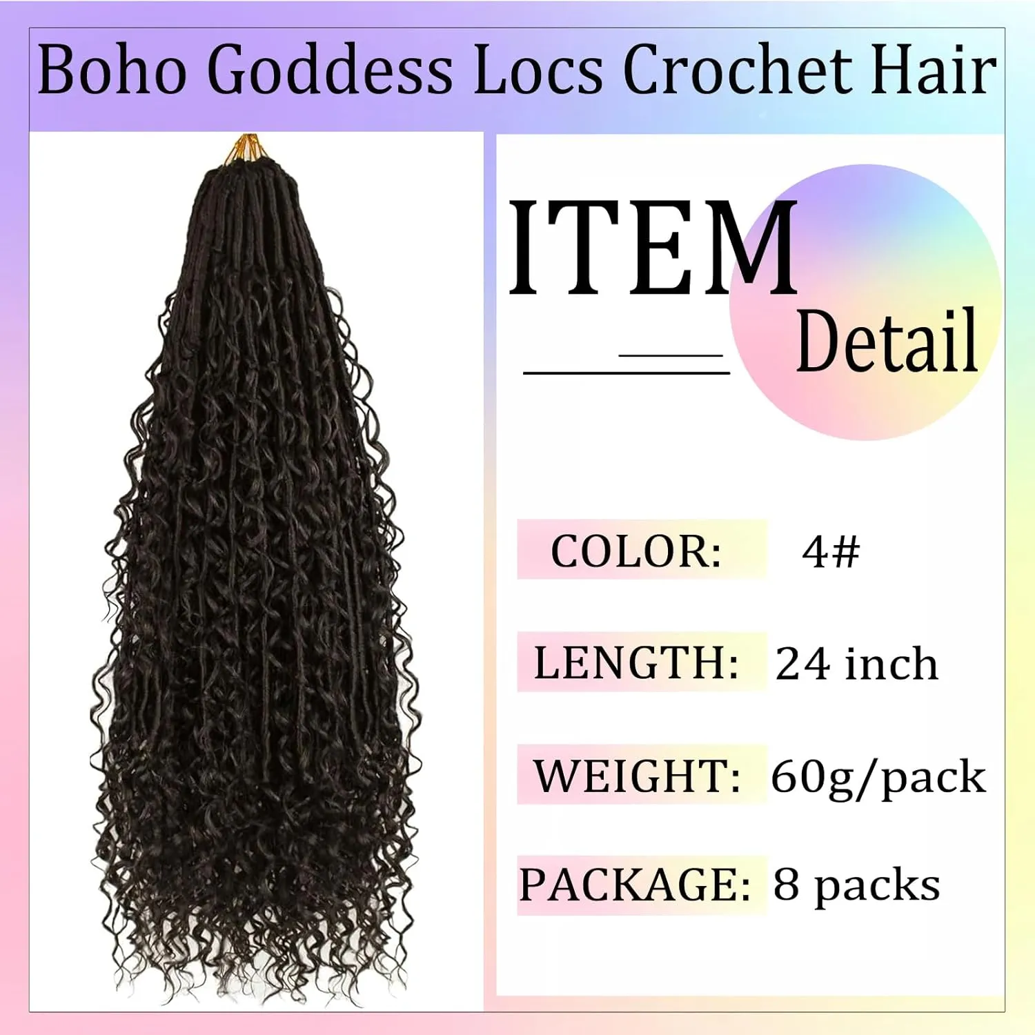 Boho Faux Locs Crochet Hair 24 Inch Goddess Locs 8 Packs Boho Soft Locs Crochet Hair with Curly Ends Pre-looped Long Bohemian River Locs Crochet Hair for Black Women(24Inch, 4#)