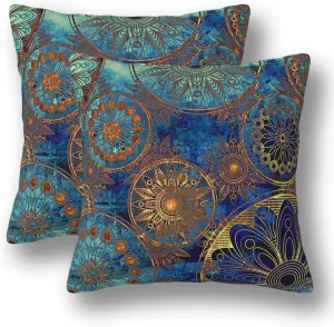 Boho Floral Pillow Covers 18 x 18 Set of 2 Bohemian Ethnic Style Linen Throw Pillow Cover Mandala Pattern Vintage Blue Decorative Pillowcases for Living Room Couch Bed Sofa Outdoor