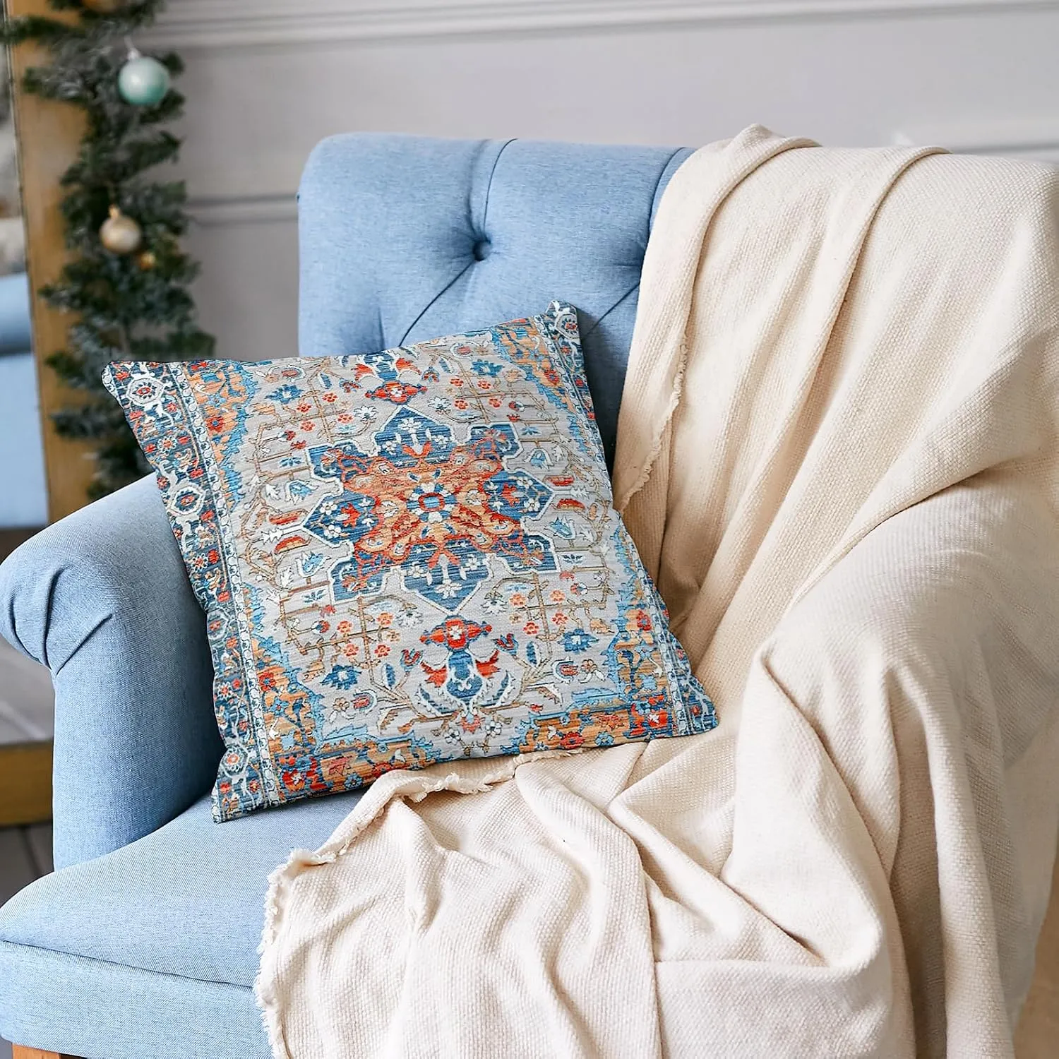 Boho Throw Pillow Covers 20x20 inch Set of 2,Linen Bohemia Carpet Pattern Decorative Living Room Sofa Bed Square Pillow Case Cushion Cover-Blue Orange