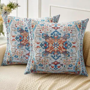 Boho Throw Pillow Covers 20x20 inch Set of 2,Linen Bohemia Carpet Pattern Decorative Living Room Sofa Bed Square Pillow Case Cushion Cover-Blue Orange