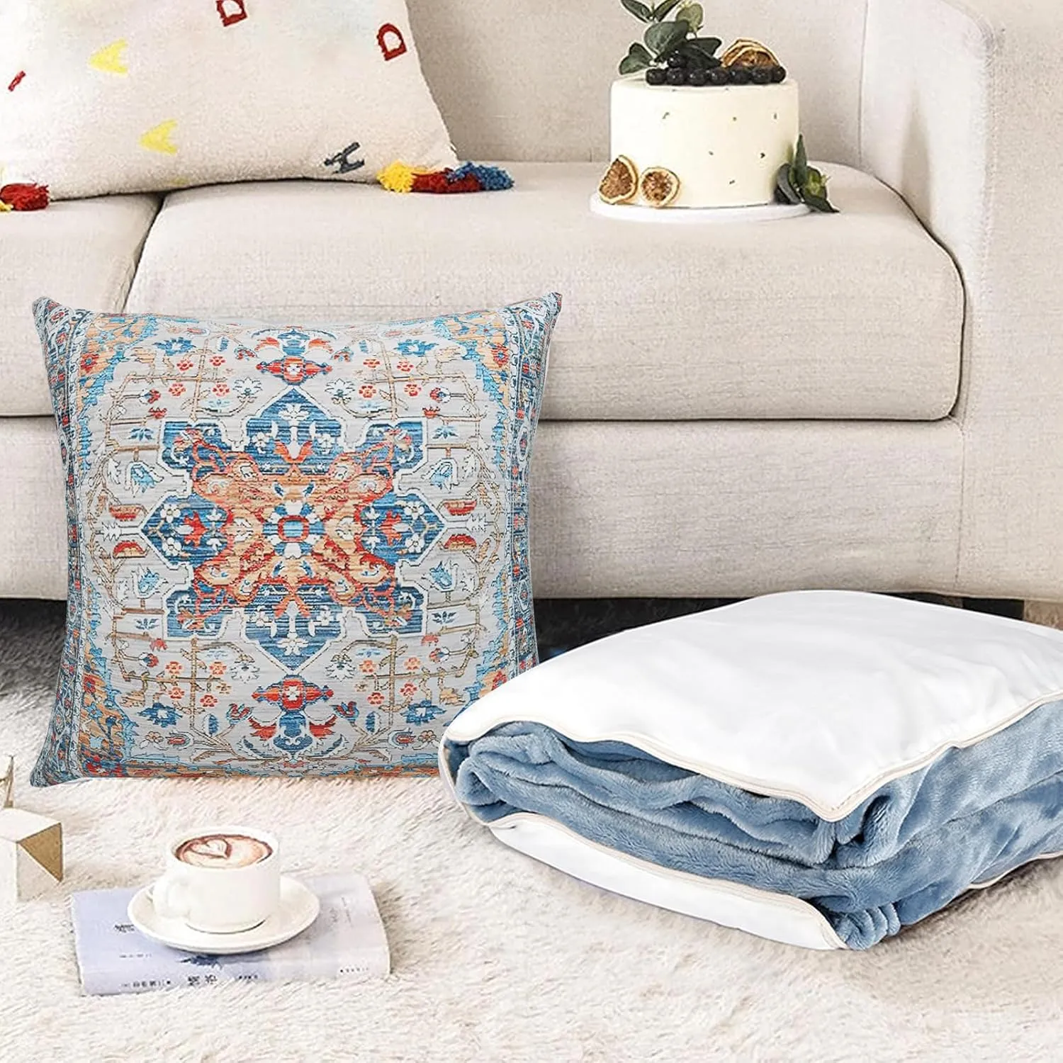 Boho Throw Pillow Covers 20x20 inch Set of 2,Linen Bohemia Carpet Pattern Decorative Living Room Sofa Bed Square Pillow Case Cushion Cover-Blue Orange