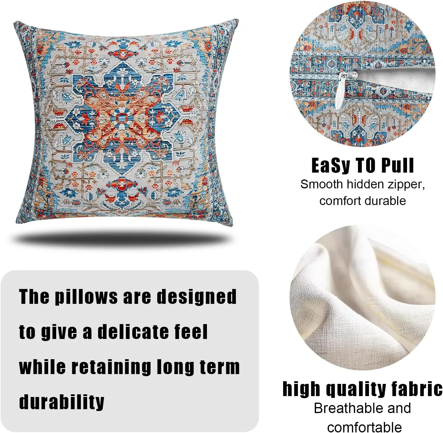 Boho Throw Pillow Covers 20x20 inch Set of 2,Linen Bohemia Carpet Pattern Decorative Living Room Sofa Bed Square Pillow Case Cushion Cover-Blue Orange