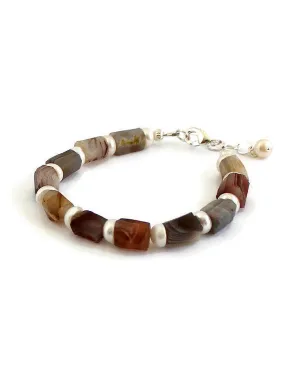 Botswana Agate Gemstone Bracelet, White Freshwater Pearl Bracelet, Brown Earthy Stones, Custom Length, Handmade Casual Minimalist Unisex, Jewelry Inspirations