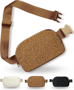 Boutique Fleece Belt Bag | Sherpa Crossbody Bag Fanny Pack for Women Fashionable | Everywhere Waist Pack | Small Fashion Travel Chest Bag (Extended Strap Length, Caramel Fleece)