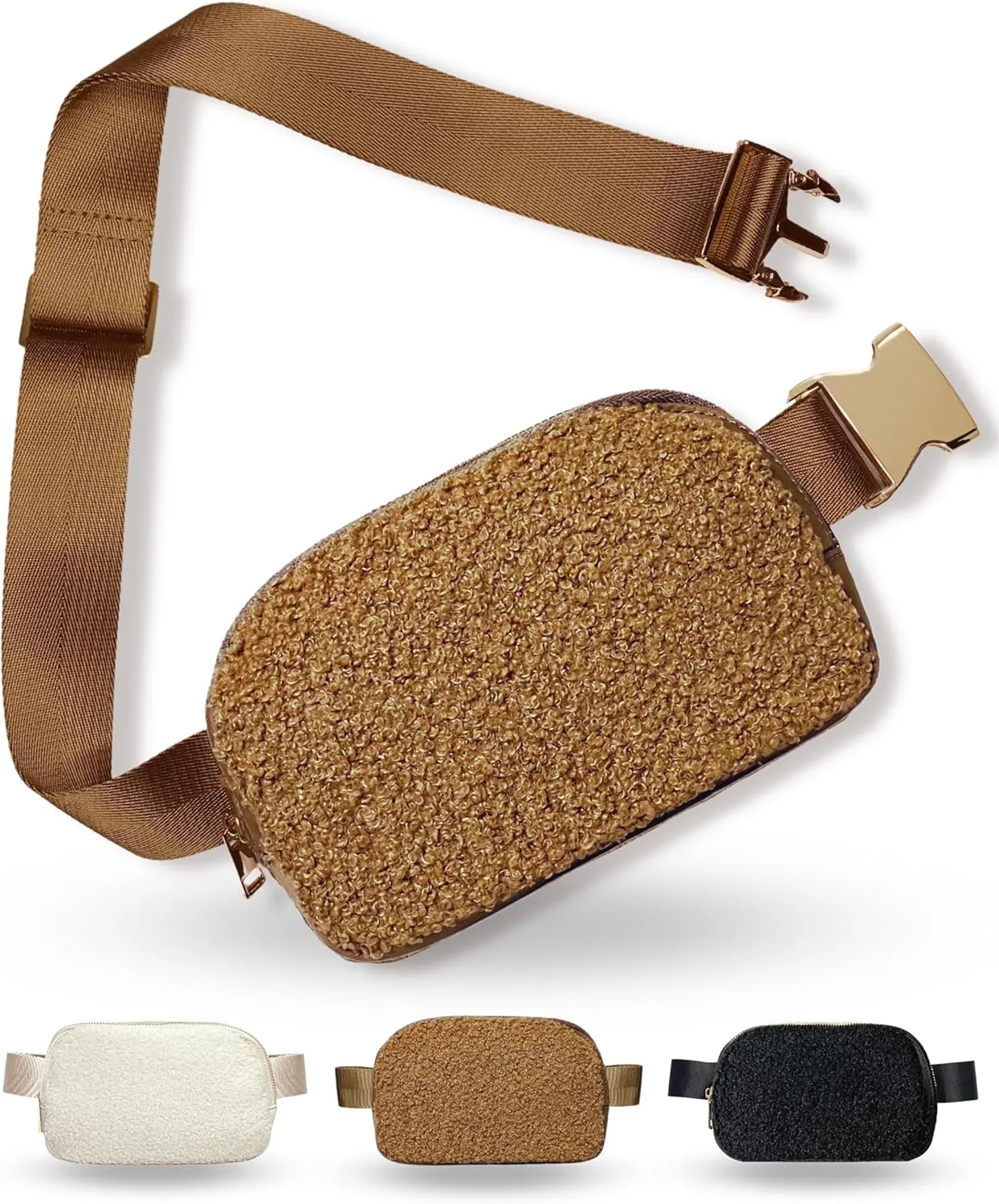 Boutique Fleece Belt Bag | Sherpa Crossbody Bag Fanny Pack for Women Fashionable | Everywhere Waist Pack | Small Fashion Travel Chest Bag (Extended Strap Length, Caramel Fleece)