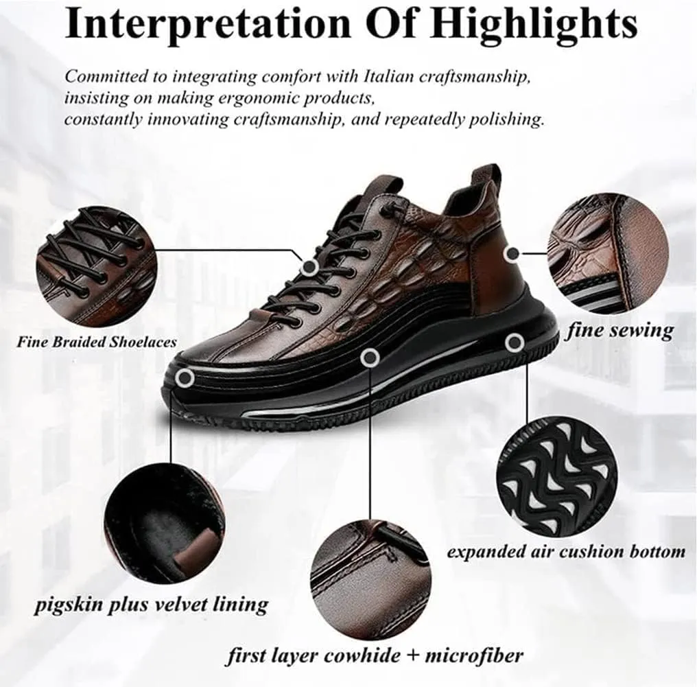 Braised Pork Men's Casual Cowhide Air Cushion Shoes, 2023 New Crocodile Print, Non-Slip Casual Comfortable Shoes,Men's Fashion Sneakers (Brown,40/US 7)