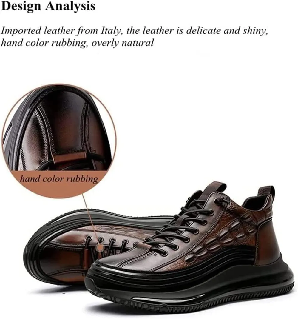 Braised Pork Men's Casual Cowhide Air Cushion Shoes, 2023 New Crocodile Print, Non-Slip Casual Comfortable Shoes,Men's Fashion Sneakers (Brown,45/US 10.5-11)