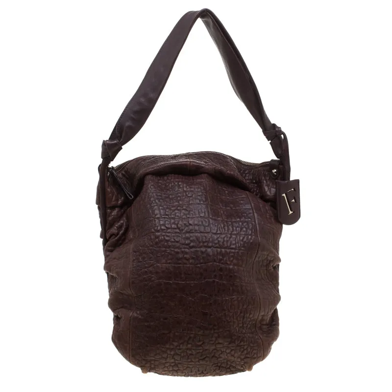 Brown Crocodile Embossed Leather Hobo Bag
