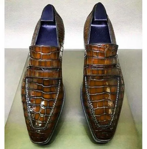 Brown Crocodile Embossed Leather Moccasins