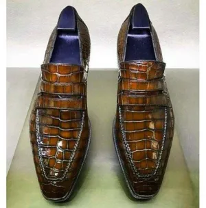 Brown Crocodile Embossed Leather Moccasins
