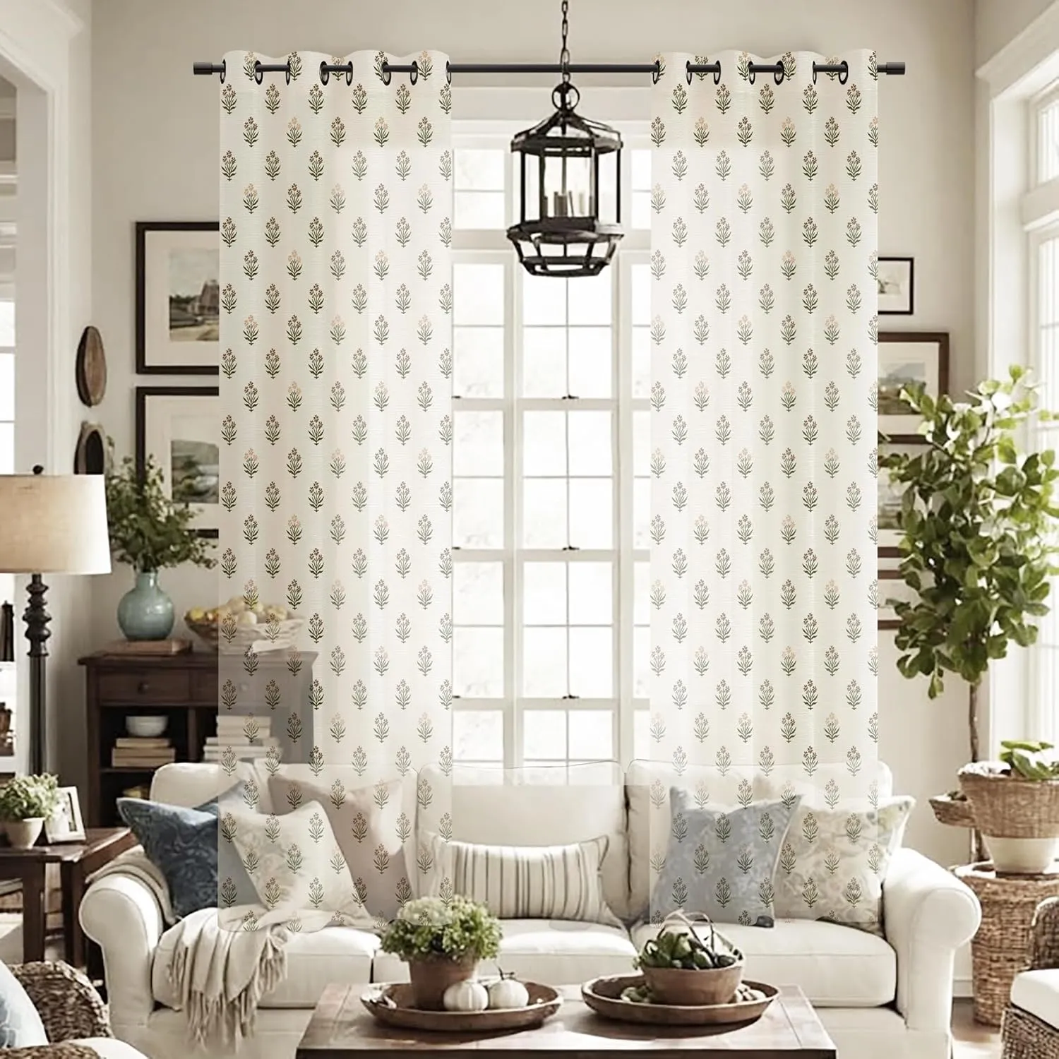 Brown Farmhouse Curtains for Living Room 84 Inches Long,Linen Sheer Green Floral Dining Room Curtains 84 Inch Length 2 Panels Set