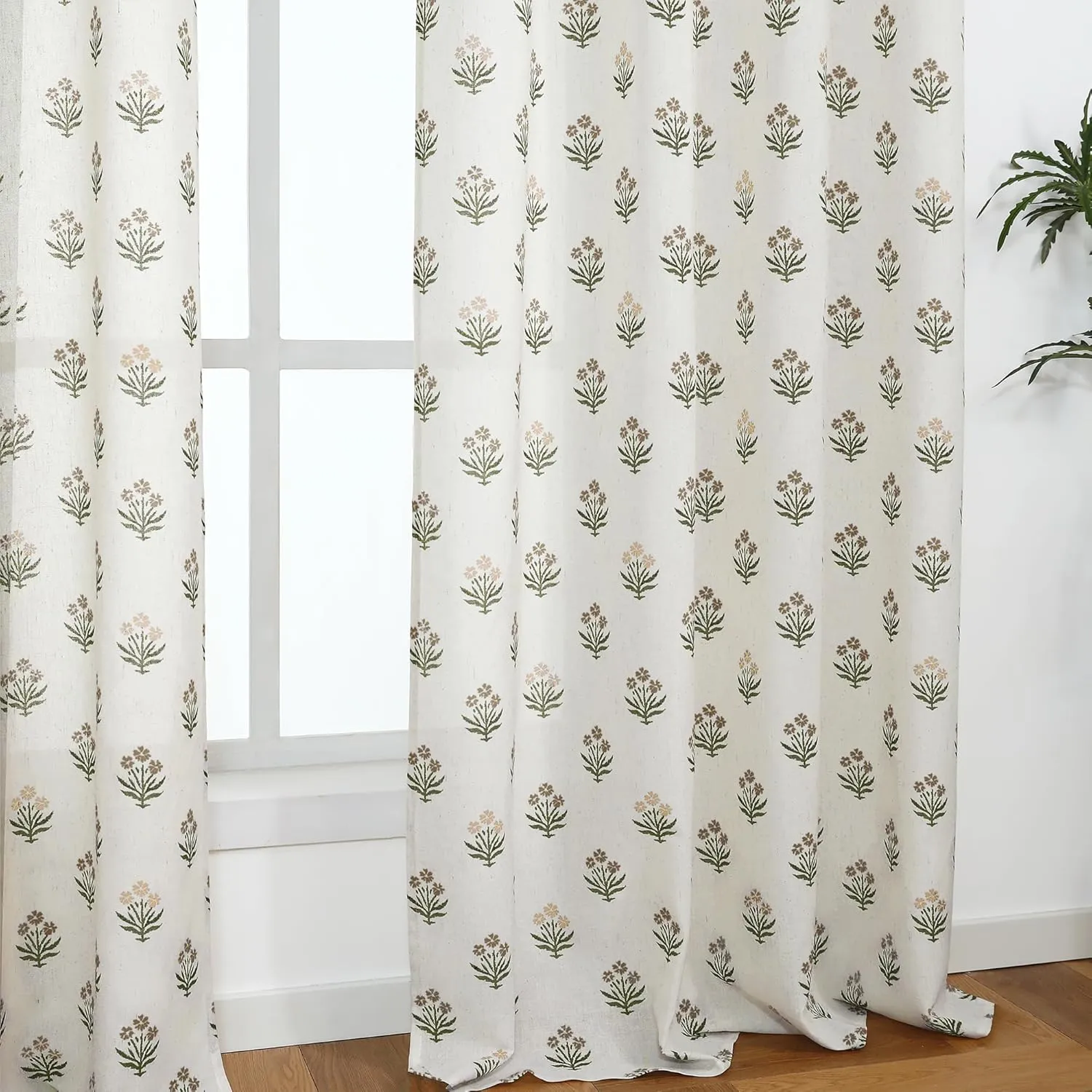 Brown Farmhouse Curtains for Living Room 84 Inches Long,Linen Sheer Green Floral Dining Room Curtains 84 Inch Length 2 Panels Set