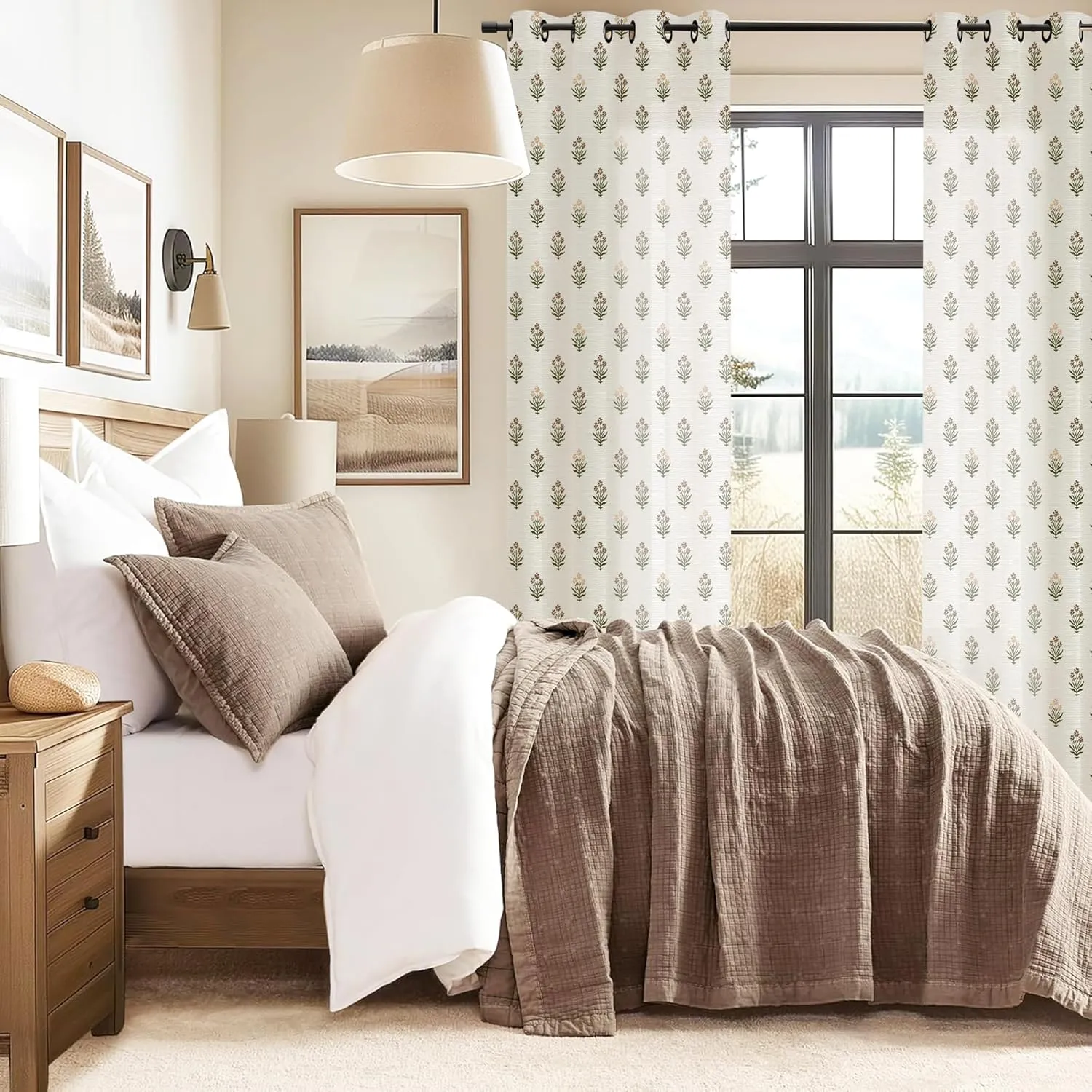 Brown Farmhouse Curtains for Living Room 84 Inches Long,Linen Sheer Green Floral Dining Room Curtains 84 Inch Length 2 Panels Set