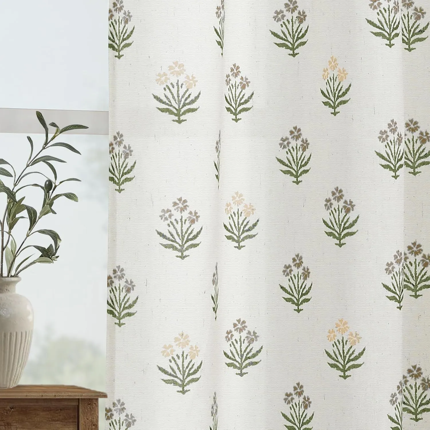 Brown Farmhouse Curtains for Living Room 84 Inches Long,Linen Sheer Green Floral Dining Room Curtains 84 Inch Length 2 Panels Set