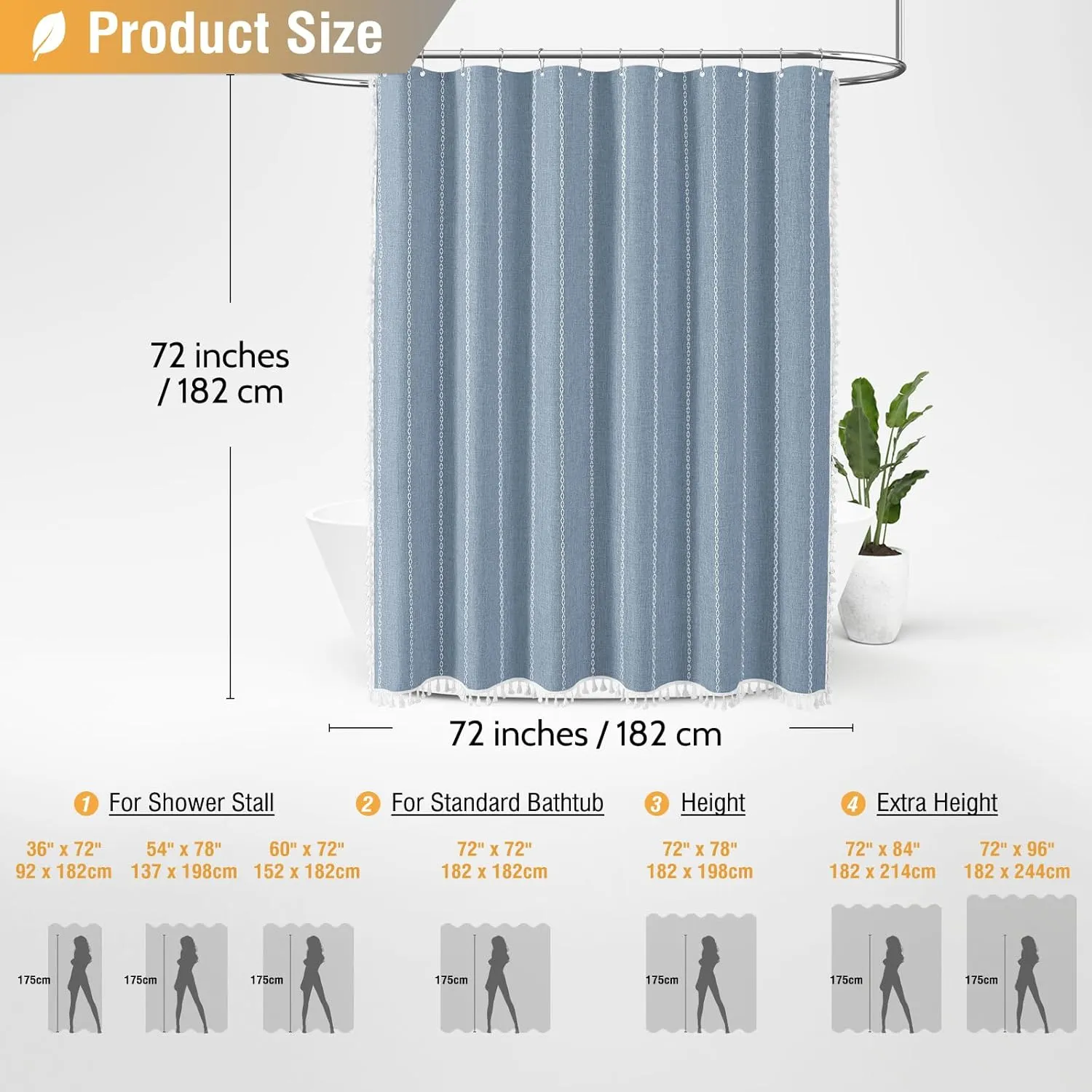 BTTN Boho Farmhouse Shower Curtain, Linen Rustic Weighted Striped Fabric Shower Curtain Set with Tassel, Water Repellent, Bohemian Vintage Country Cloth Shower Curtains for Bathroom, Blue, 72x72