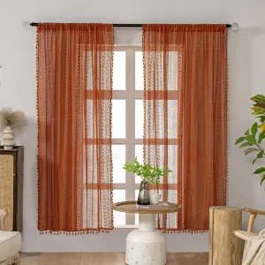 Burnt Orange Curtains 63 Inch Length for Bedroom Living Room - Boho Cotton Light Filtering Semi Sheer 2 Panel Set - Rustic Autumn Caramel Lace Bohemian Decor Drapes