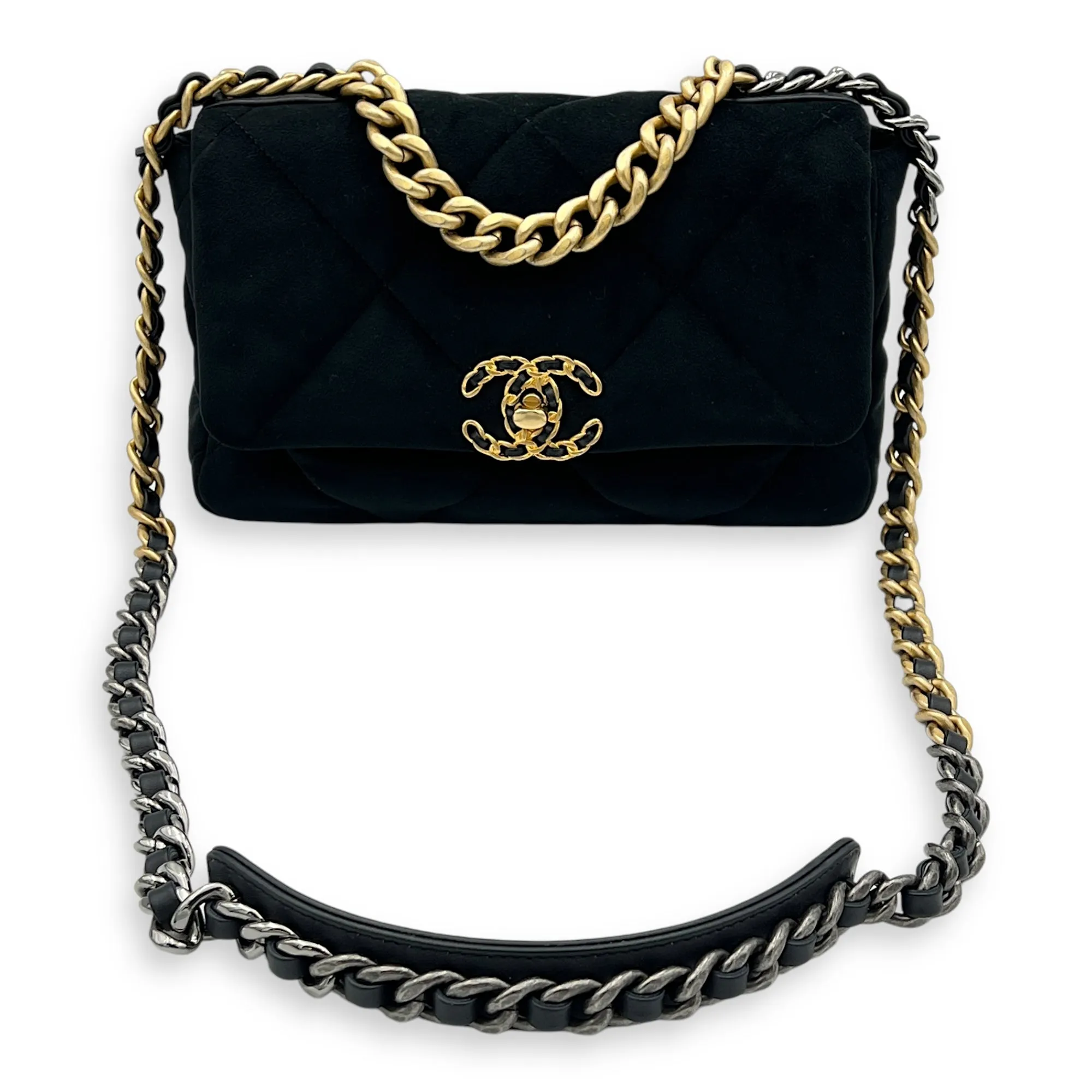 C19 Small Black Shoulder Bag in Velvet, Mixed hardware