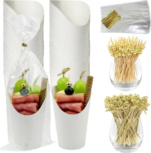 CAMKYDE 50 Sets Disposable Charcuterie Cups with Sticks and Bags, 12 oz White Paper Snack Appetizers Cup French Fry Holder with Cocktail Picks Toothpicks (50 Cups 50 Bags 200 Sticks)