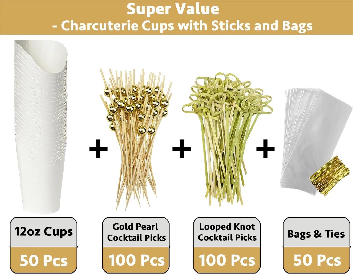 CAMKYDE 50 Sets Disposable Charcuterie Cups with Sticks and Bags, 12 oz White Paper Snack Appetizers Cup French Fry Holder with Cocktail Picks Toothpicks (50 Cups 50 Bags 200 Sticks)