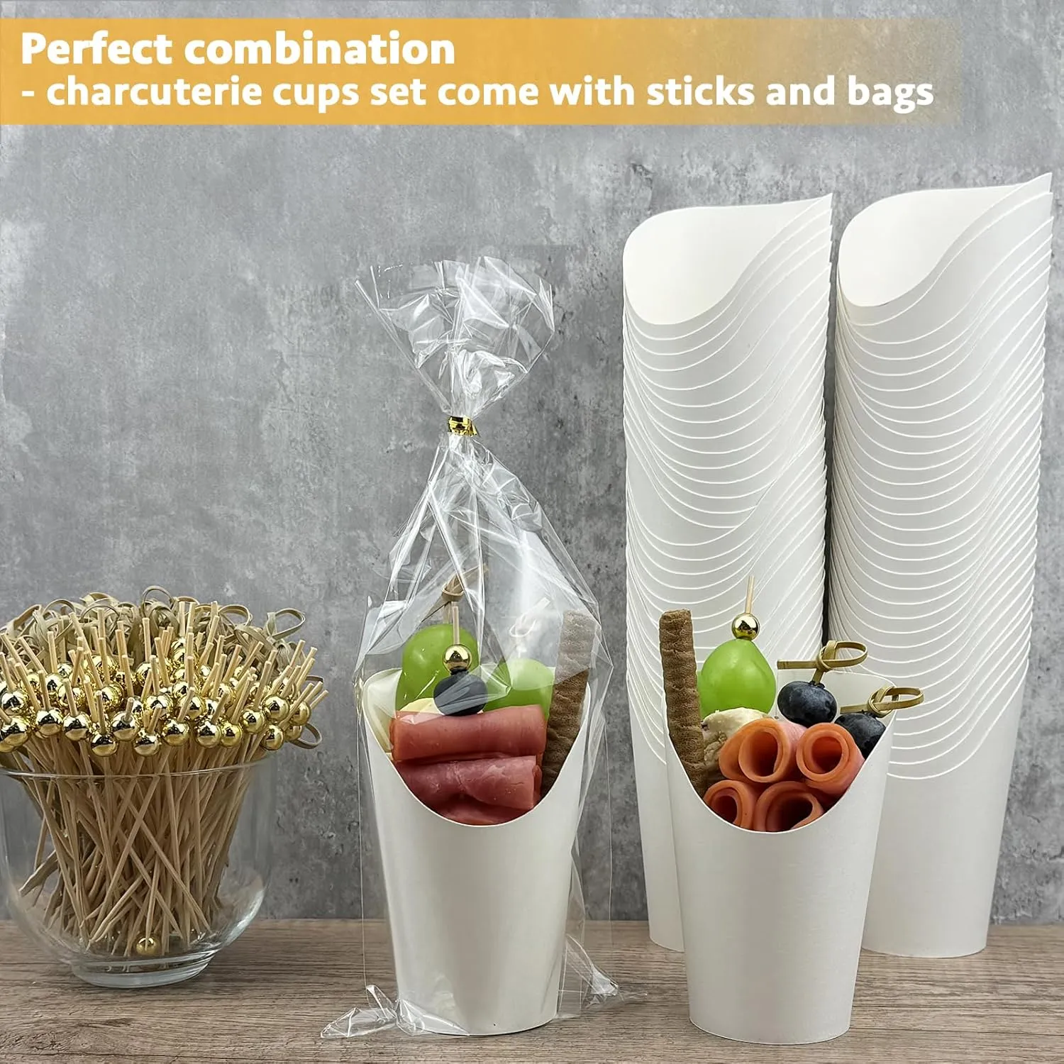 CAMKYDE 50 Sets Disposable Charcuterie Cups with Sticks and Bags, 12 oz White Paper Snack Appetizers Cup French Fry Holder with Cocktail Picks Toothpicks (50 Cups 50 Bags 200 Sticks)