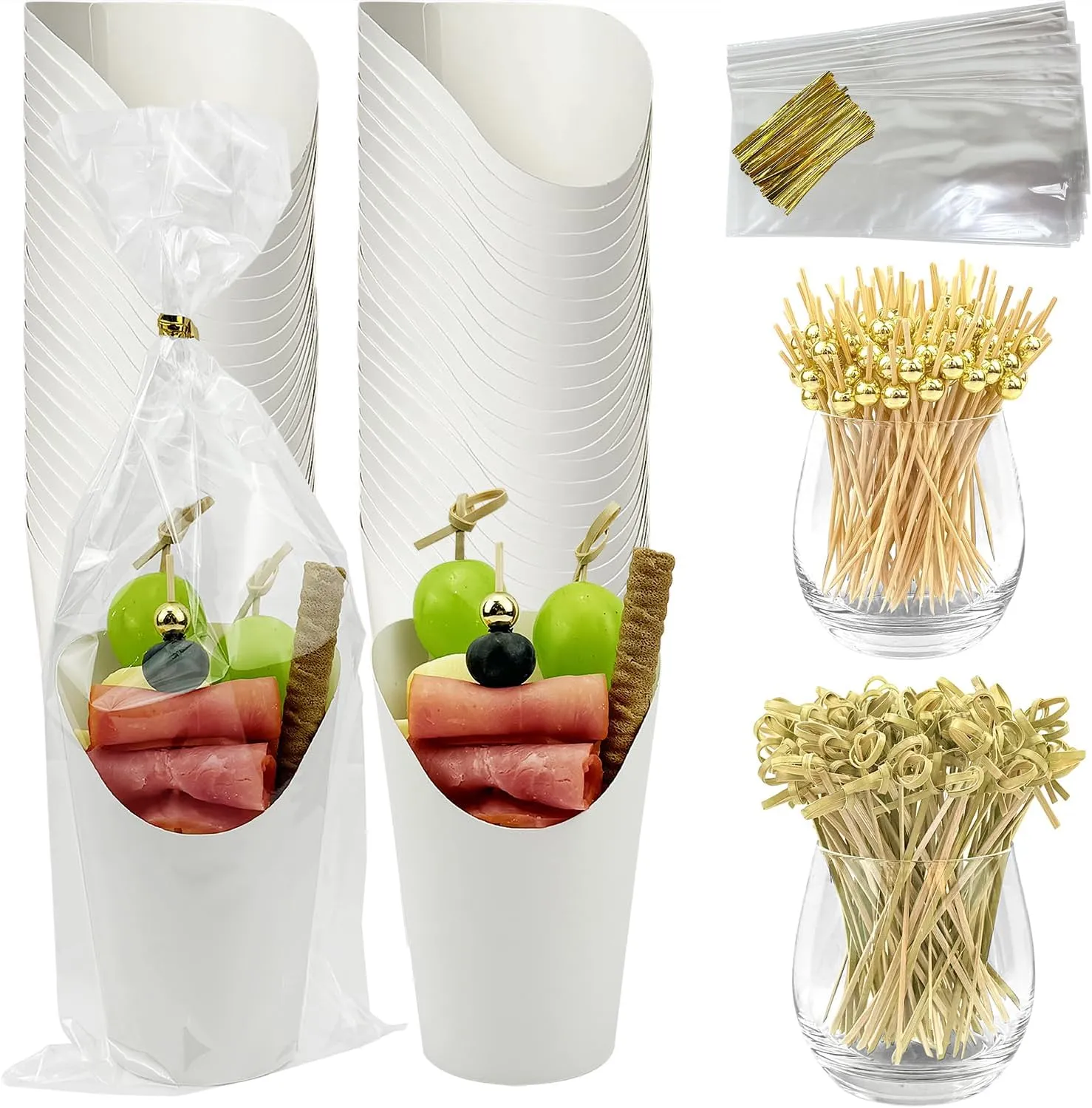 CAMKYDE 50 Sets Disposable Charcuterie Cups with Sticks and Bags, 12 oz White Paper Snack Appetizers Cup French Fry Holder with Cocktail Picks Toothpicks (50 Cups 50 Bags 200 Sticks)