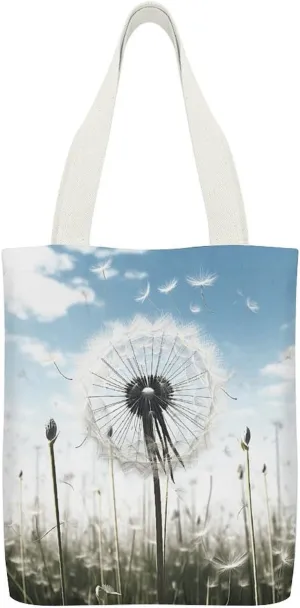 Canvas Tote Bags Dandelion Print Reusable Grocery Bag Lightweight Shopping Handbag with Internal Pocket Double-sided Pattern