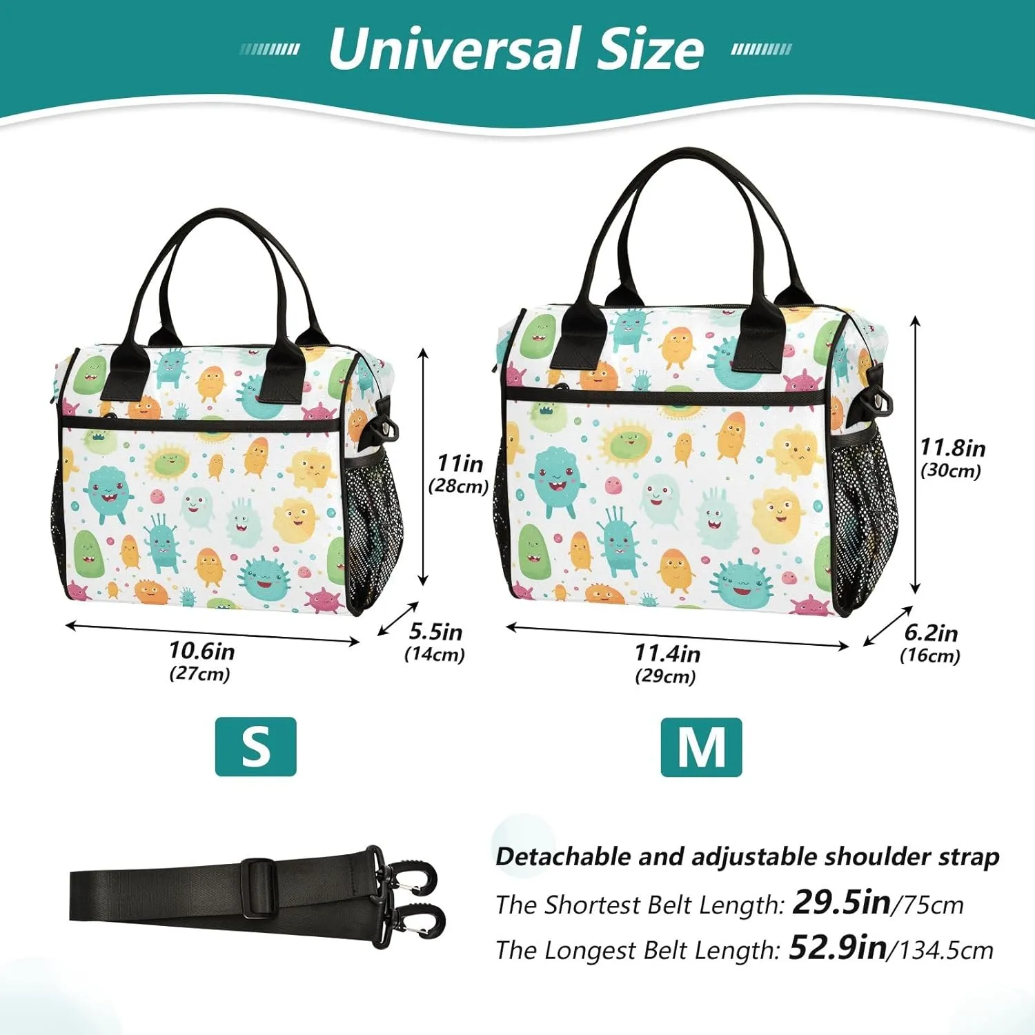 Cartoon Funny Bacterial Women Cooler Bags Lunch Bag Reusable Insulated Lunch Bags Crossbody with Shoulder Strap