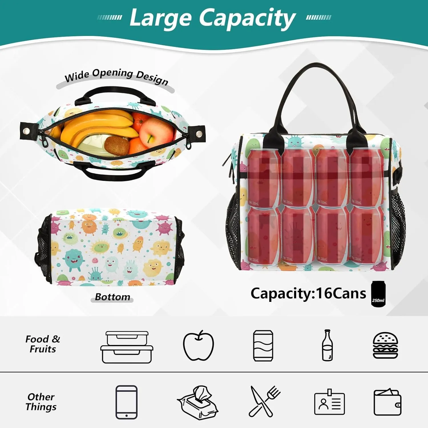Cartoon Funny Bacterial Women Cooler Bags Lunch Bag Reusable Insulated Lunch Bags Crossbody with Shoulder Strap