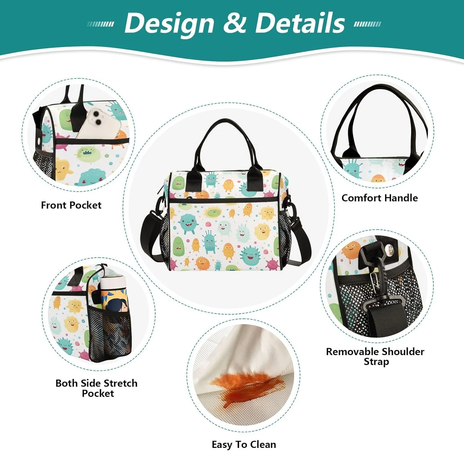 Cartoon Funny Bacterial Women Cooler Bags Lunch Bag Reusable Insulated Lunch Bags Crossbody with Shoulder Strap