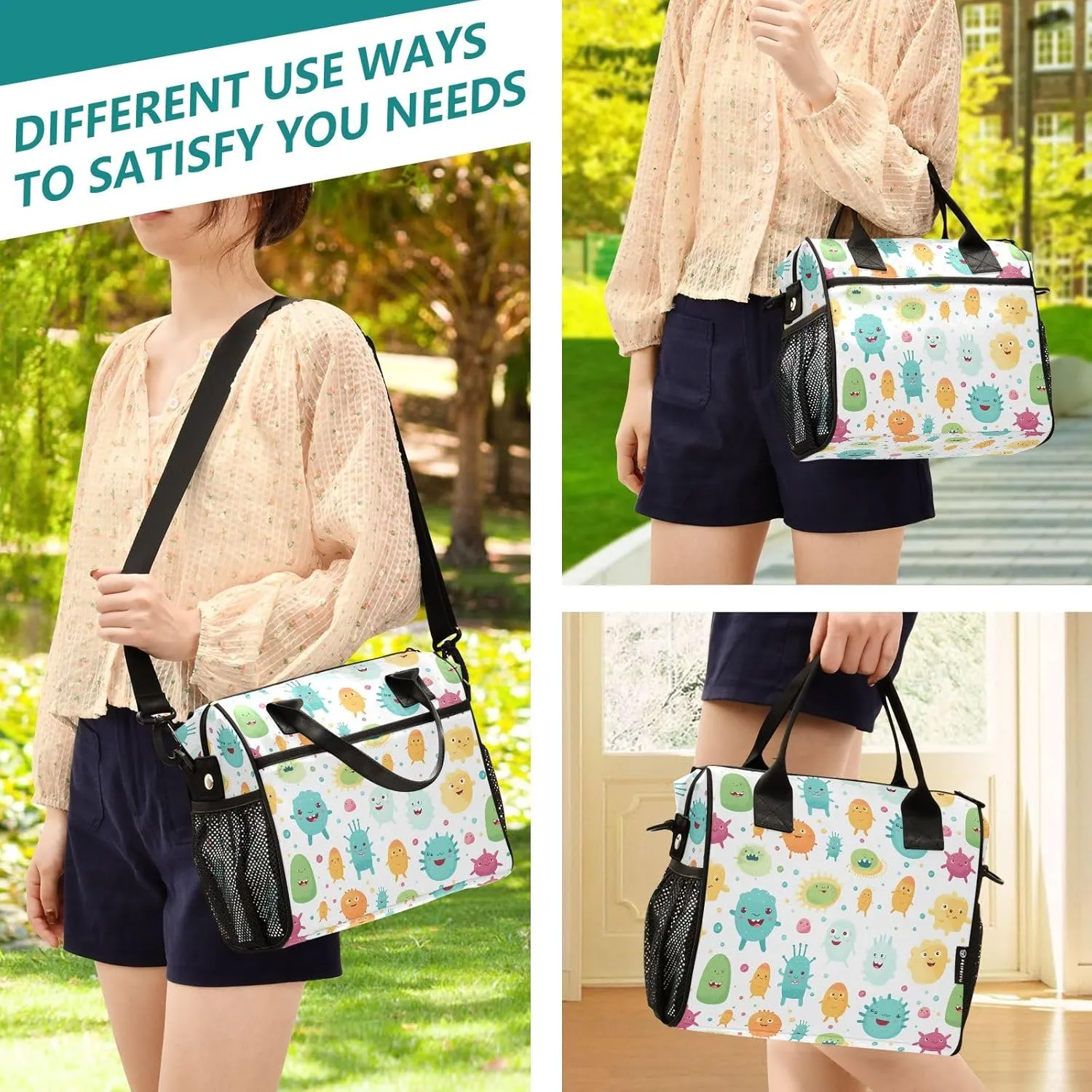 Cartoon Funny Bacterial Women Cooler Bags Lunch Bag Reusable Insulated Lunch Bags Crossbody with Shoulder Strap