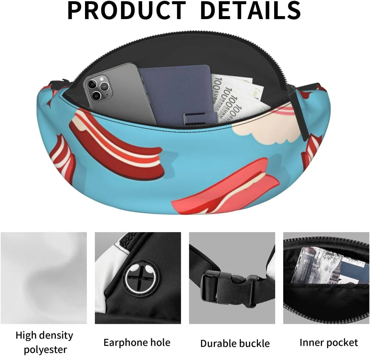Casual Bacon Pattern Printed Fanny Pack,Crossbody Fanny packs for women Men Waist Bag for Running Travel