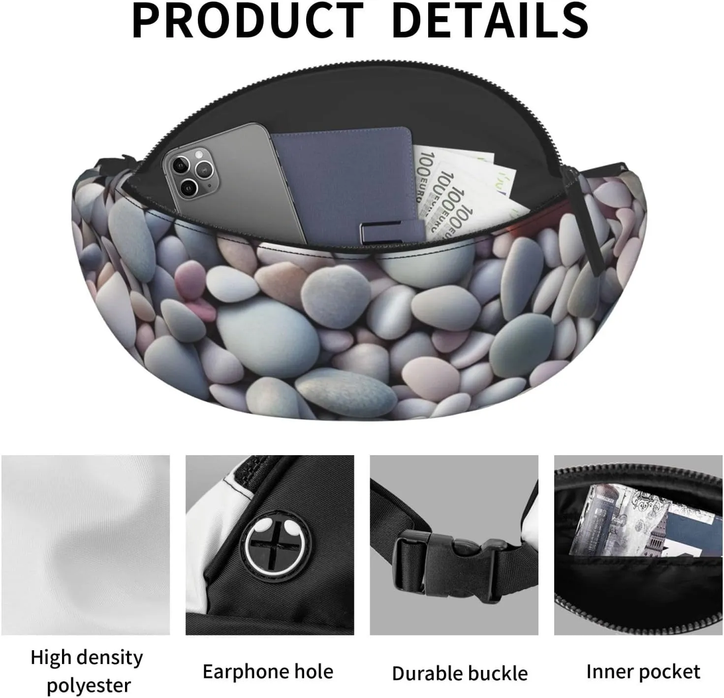 Casual Beach Colored Pebbles Printed Fanny Pack,Crossbody Fanny packs for women Men Waist Bag for Running Travel
