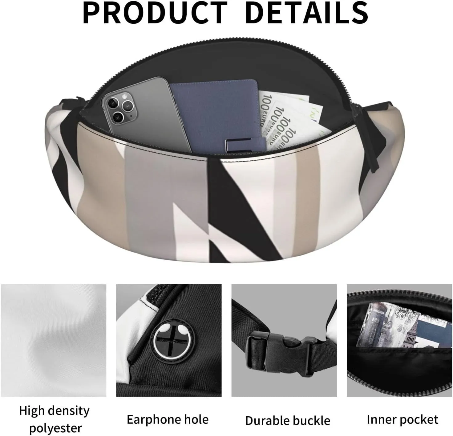 Casual Black White Stripe Printed Fanny Pack,Crossbody Fanny packs for women Men Waist Bag for Running Travel