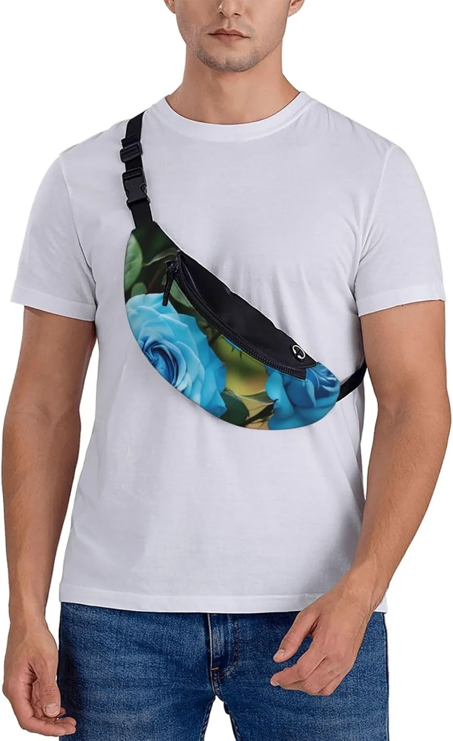 Casual blue rose blooms Printed Fanny Pack,Crossbody Fanny packs for women Men Waist Bag for Running Travel