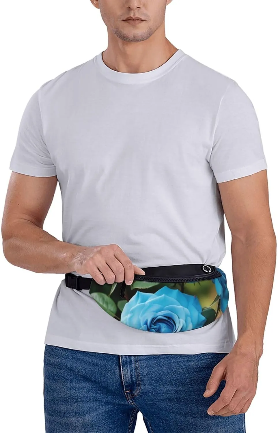 Casual blue rose blooms Printed Fanny Pack,Crossbody Fanny packs for women Men Waist Bag for Running Travel