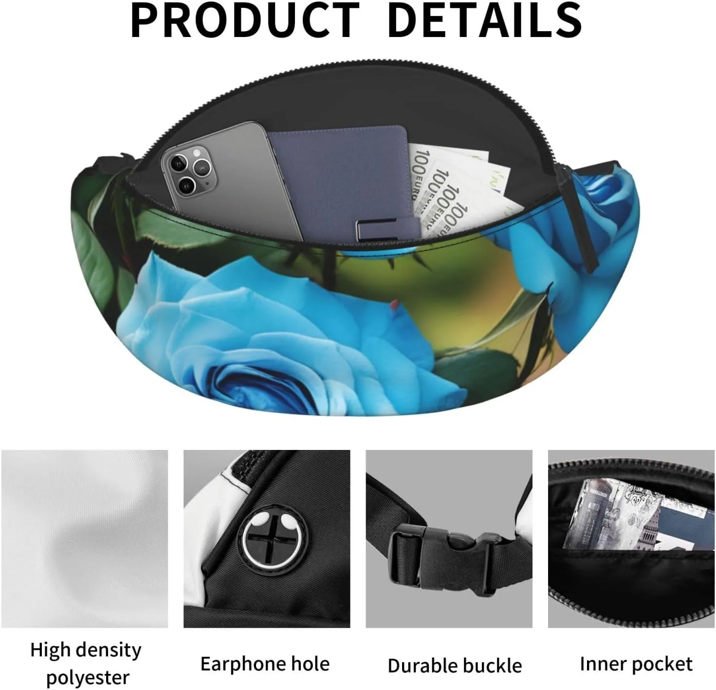 Casual blue rose blooms Printed Fanny Pack,Crossbody Fanny packs for women Men Waist Bag for Running Travel