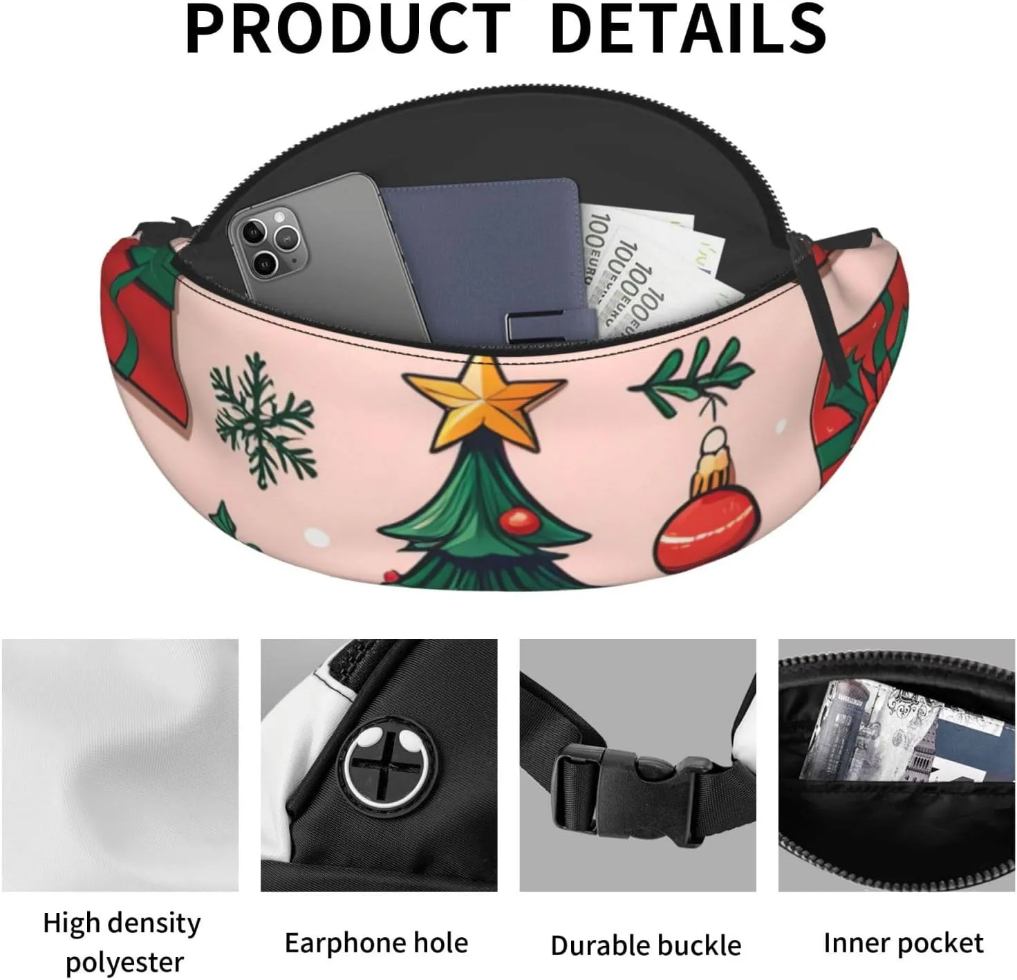 Casual Christmas Tree and Gifts Printed Fanny Pack,Crossbody Fanny packs for women Men Waist Bag for Running Travel