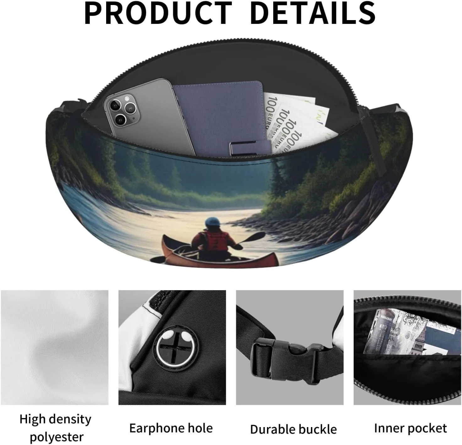 Casual Moonlit Canoe River Printed Fanny Pack,Crossbody Fanny packs for women Men Waist Bag for Running Travel