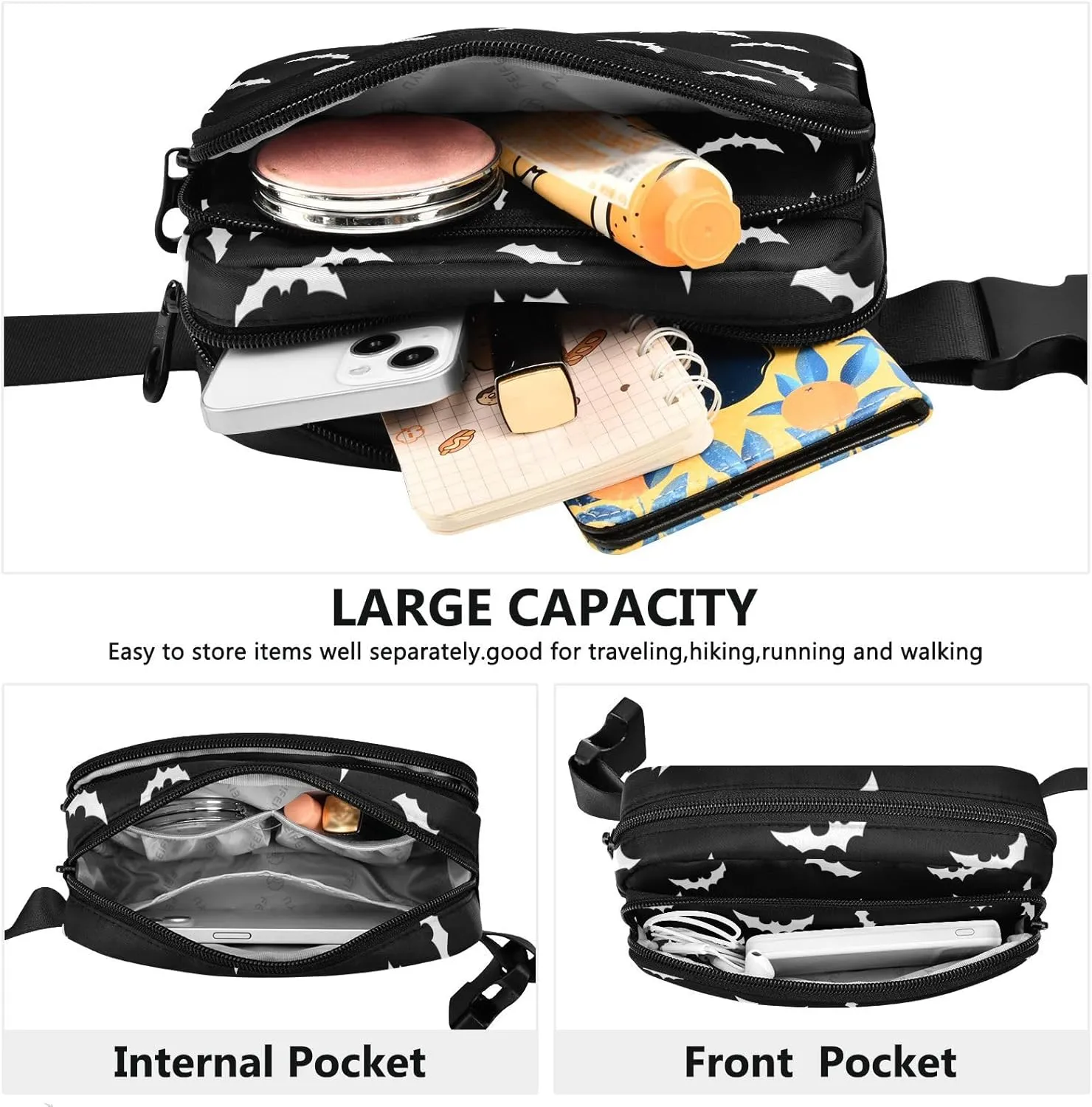 CBBYY Bats Halloween Goth Fanny Pack for Women Men,Crossbody Waist Bag Pack Adjustable Casual Waist Belt Bag for Travel Running Workout Cycling
