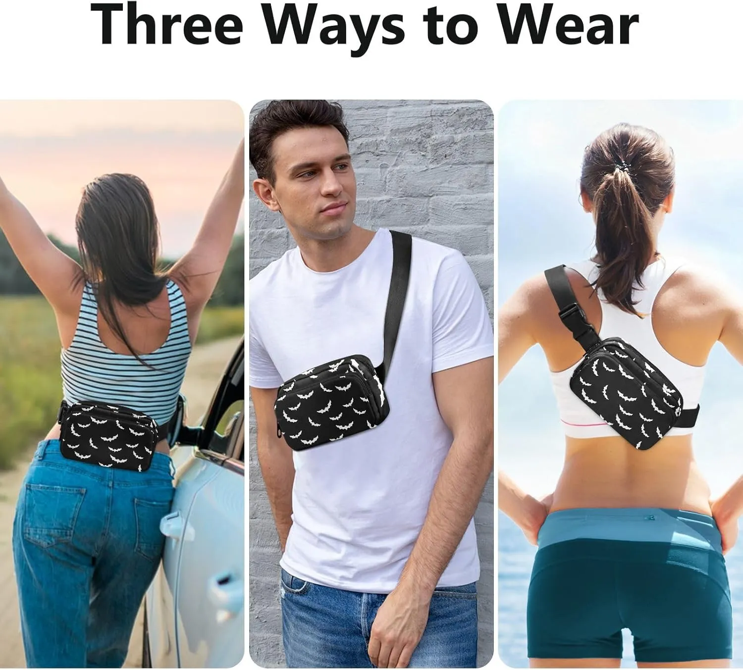 CBBYY Bats Halloween Goth Fanny Pack for Women Men,Crossbody Waist Bag Pack Adjustable Casual Waist Belt Bag for Travel Running Workout Cycling