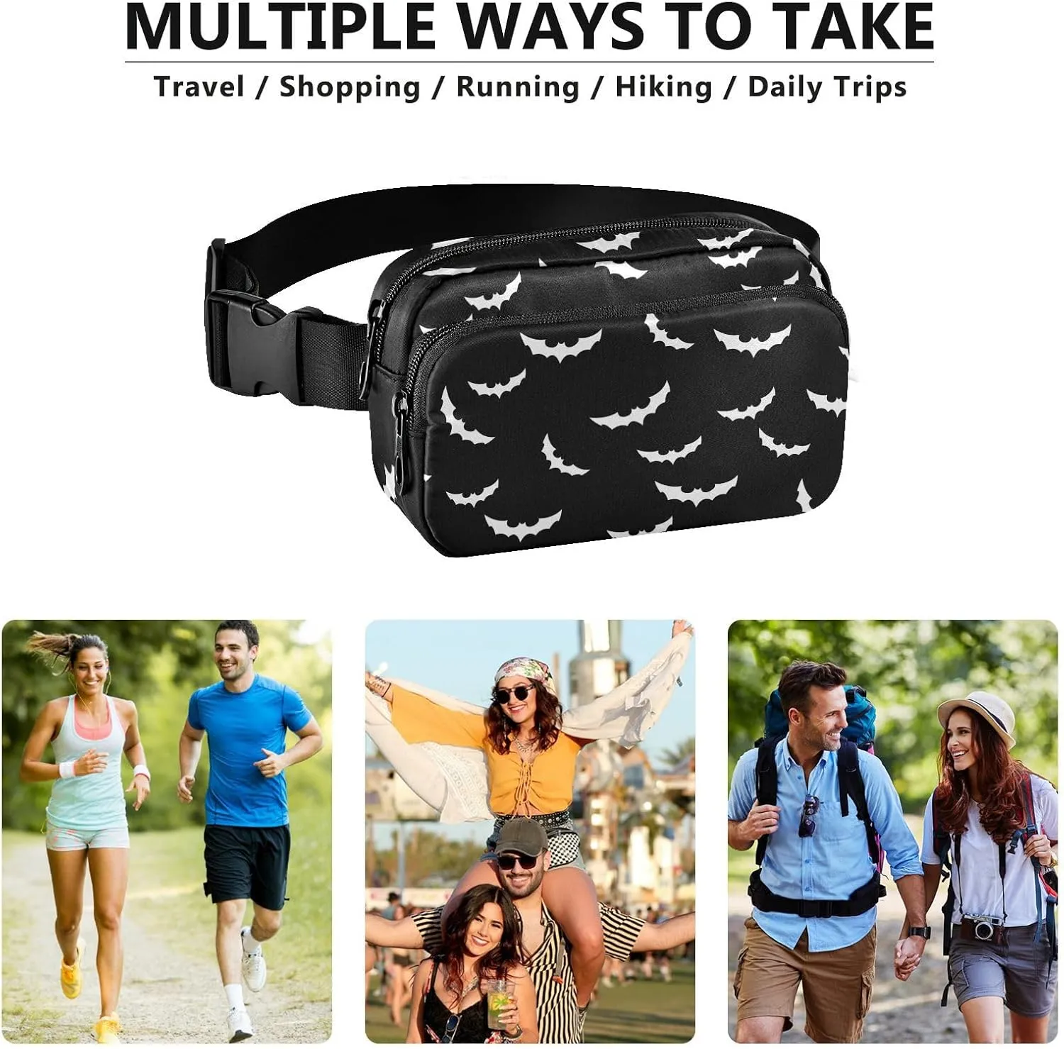 CBBYY Bats Halloween Goth Fanny Pack for Women Men,Crossbody Waist Bag Pack Adjustable Casual Waist Belt Bag for Travel Running Workout Cycling