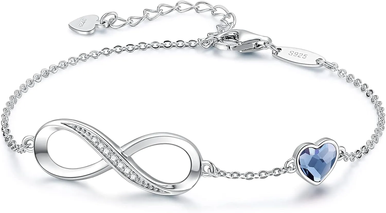 CDE Infinity Heart Birthstone Charm Link Bracelet for Women 925 Sterling Silver Adjustable Mother's Day Gift Anniversary Birthday Jewelry for Wife Girlfriend Her