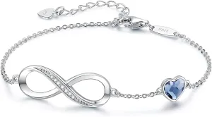 CDE Infinity Heart Birthstone Charm Link Bracelet for Women 925 Sterling Silver Adjustable Mother's Day Gift Anniversary Birthday Jewelry for Wife Girlfriend Her