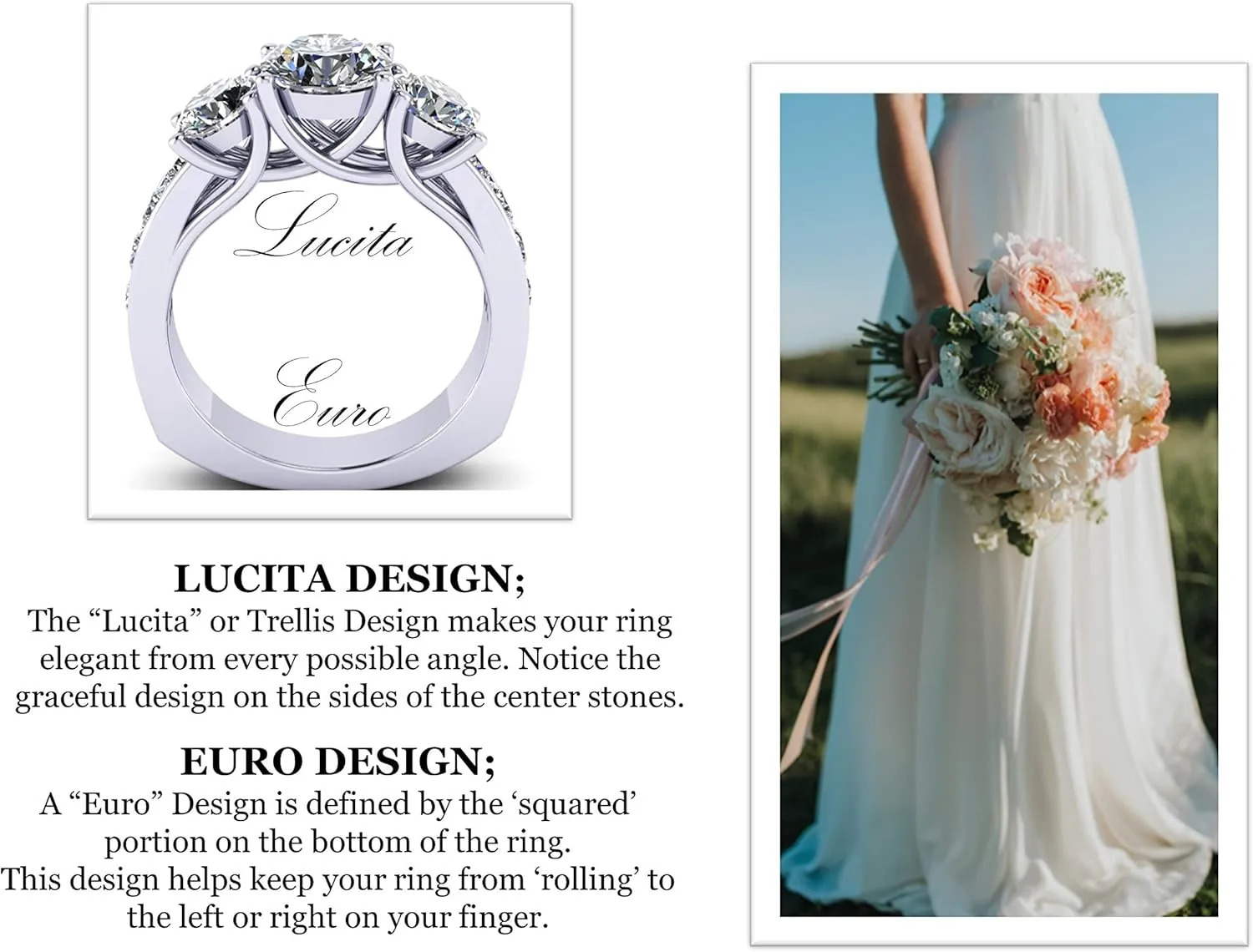 Central Diamond Center 3 Stone Past Present Future Ring also matching band your choice Gold-Silver Cz-2.50ctw & 3.50ctw