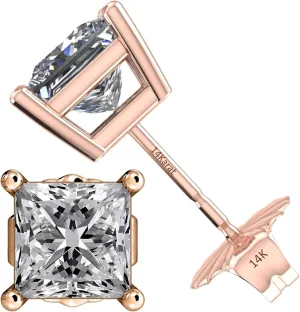 Central Diamond Center Threaded or Friction Backs Round & Princess CVD Lab-grown Diamond Stud Earrings 14K solid Gold from 0.20ct to 2.00ct E-F VS-SI