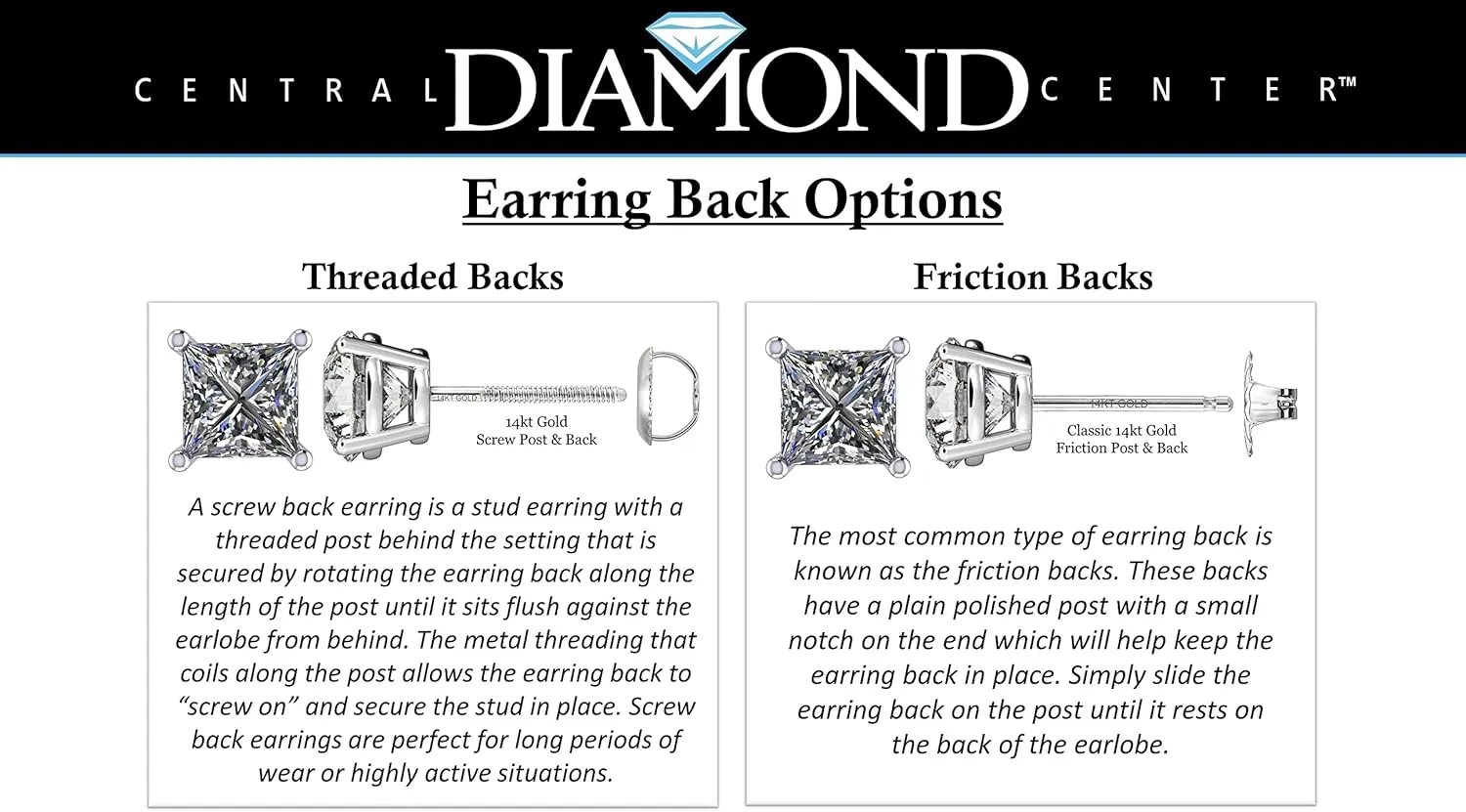 Central Diamond Center Threaded or Friction Backs Round & Princess CVD Lab-grown Diamond Stud Earrings 14K solid Gold from 0.20ct to 2.00ct E-F VS-SI