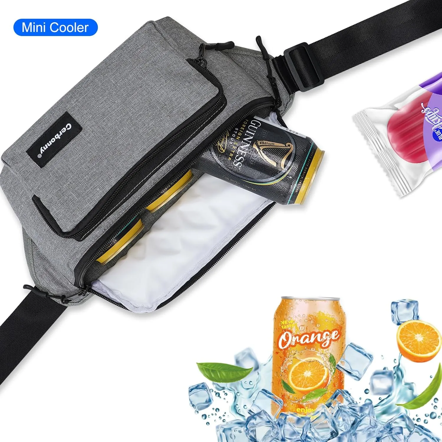 Cerbonny Small Cooler Bag,Insulated Snack Bag,Freezable Snack Bags,80s Fanny Pack,Retro Cooler,Fanny Packs,Gray